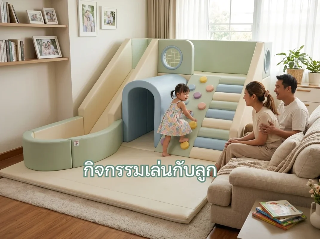 เด็กกำลังปีนป่ายชุด Soft Play อย่างมีความสุข เป็นกิจกรรมเล่นกับลูกในบ้านที่ช่วยเสริมพัฒนาการ
