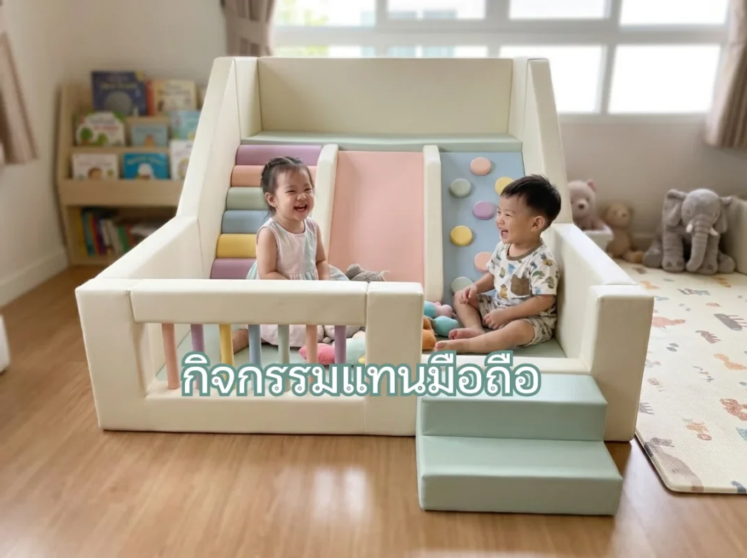 เด็กเอเชียกำลังเล่นปีนป่ายชุด Soft Play พาสเทลอย่างมีความสุข ซึ่งเป็นหนึ่งในกิจกรรมแทนมือถือที่ช่วยส่งเสริมพัฒนาการ
