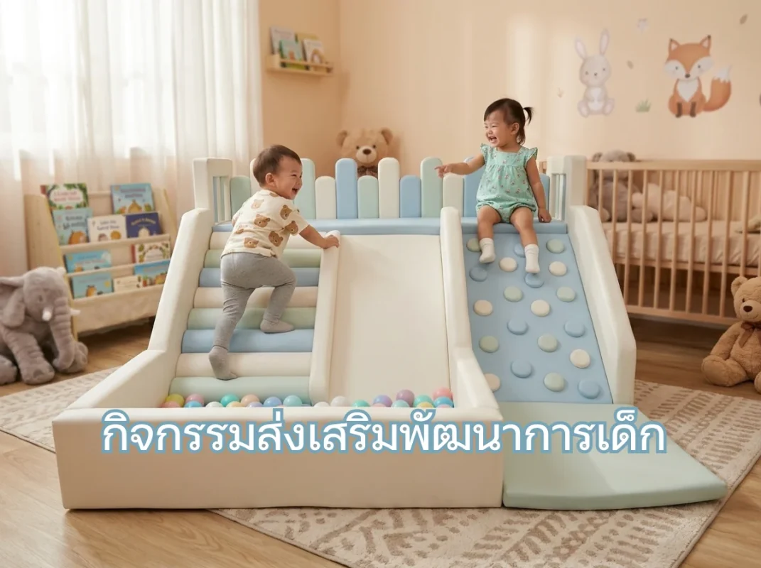 เด็กกำลังเล่นสนุกในชุดปีนป่าย Soft Play สไลเดอร์และบ่อบอล ช่วยเป็นกิจกรรมส่งเสริมพัฒนาการเด็กด้านการเคลื่อนไหว