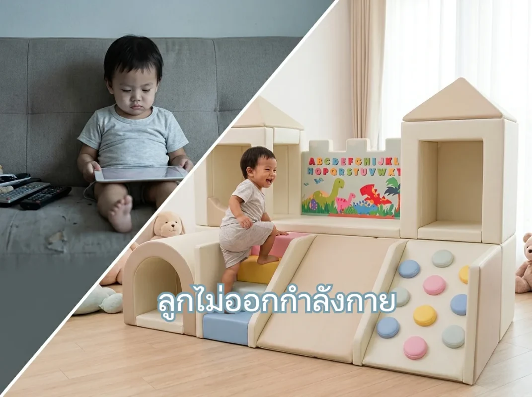 เด็กเอเชียกำลังเล่นสนุกบนชุดปีนป่าย Soft Play ปราสาทพาสเทล เพื่อเสริมสร้างกล้ามเนื้อ แก้ปัญหาลูกไม่ออกกำลังกาย