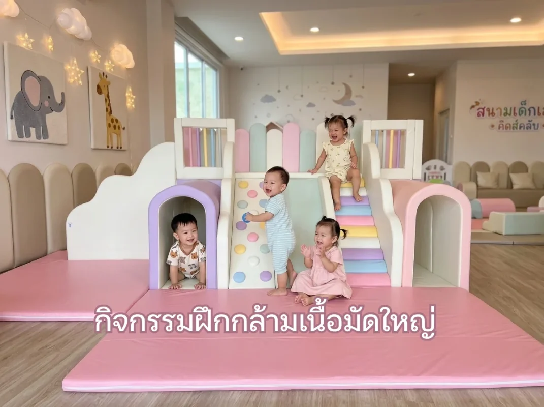 เด็กกำลังเล่นสนุกกับชุดปีนป่ายเด็ก Soft Play สีพาสเทลเพื่อเป็นกิจกรรมฝึกกล้ามเนื้อมัดใหญ่ในบ้าน
