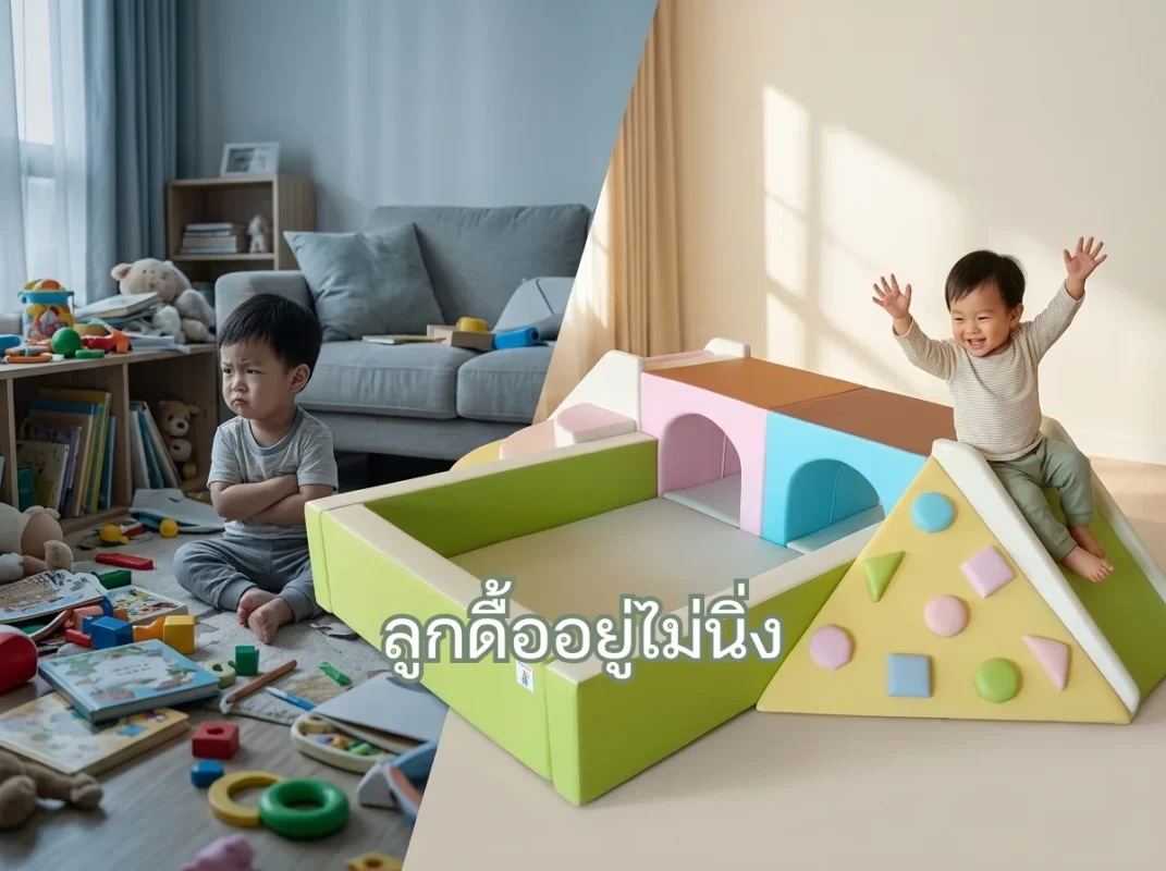 เด็กกำลังเล่นชุดปีนป่ายเด็ก Soft Play พาสเทล มาการอง พร้อมสไลด์ บ่อบอล อย่างสนุกสนานในบ้าน