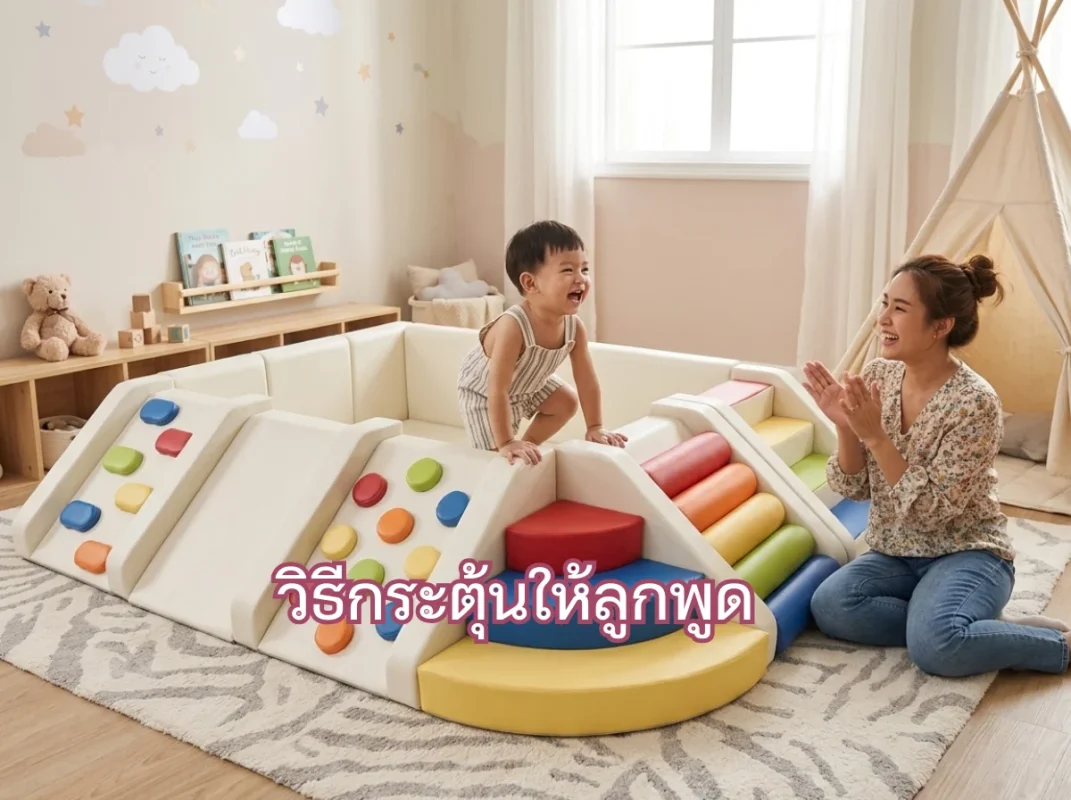 ชุดปีนป่ายเด็ก Soft Play พร้อมสไลด์และบ่อบอล โทนสีสดนุ่ม ช่วยสร้างพื้นที่ปลอดภัยสำหรับการฝึกวิธีกระตุ้นให้ลูกพูดผ่านการเล่น