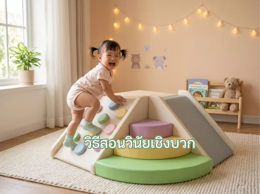 คุณแม่ชาวเอเชียกำลังใช้วิธีสอนวินัยเชิงบวกกับลูกน้อย ในมุมเล่นปีนป่ายสไลเดอร์ Soft Play อย่างอบอุ่น