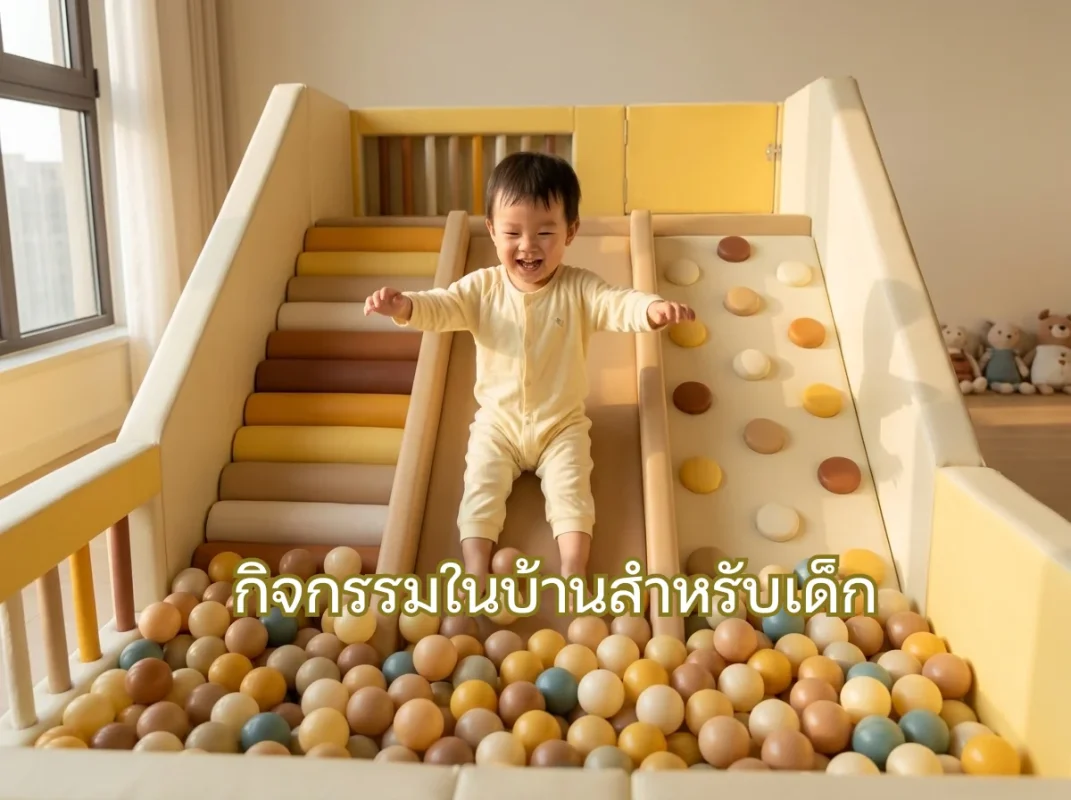 เด็กกำลังสนุกกับชุดปีนป่าย Soft Play เอิร์ธโทน ซึ่งเป็นหนึ่งในกิจกรรมในบ้านสําหรับเด็กที่ช่วยเสริมพัฒนาการ