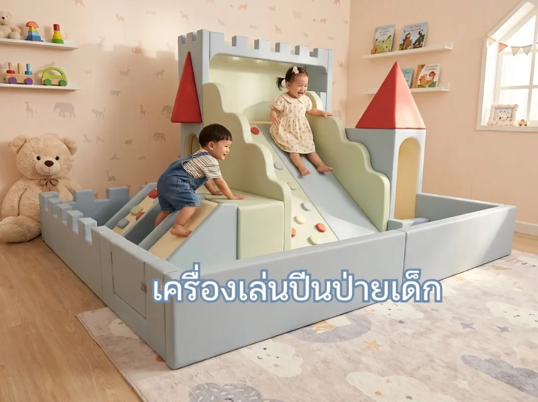 ชุดเครื่องเล่นปีนป่ายเด็ก Soft Play โทนพาสเทล จัดวางในห้องนั่งเล่น ช่วยเสริมพัฒนาการด้านการเคลื่อนไหวอย่างปลอดภัยสำหรับเด็ก