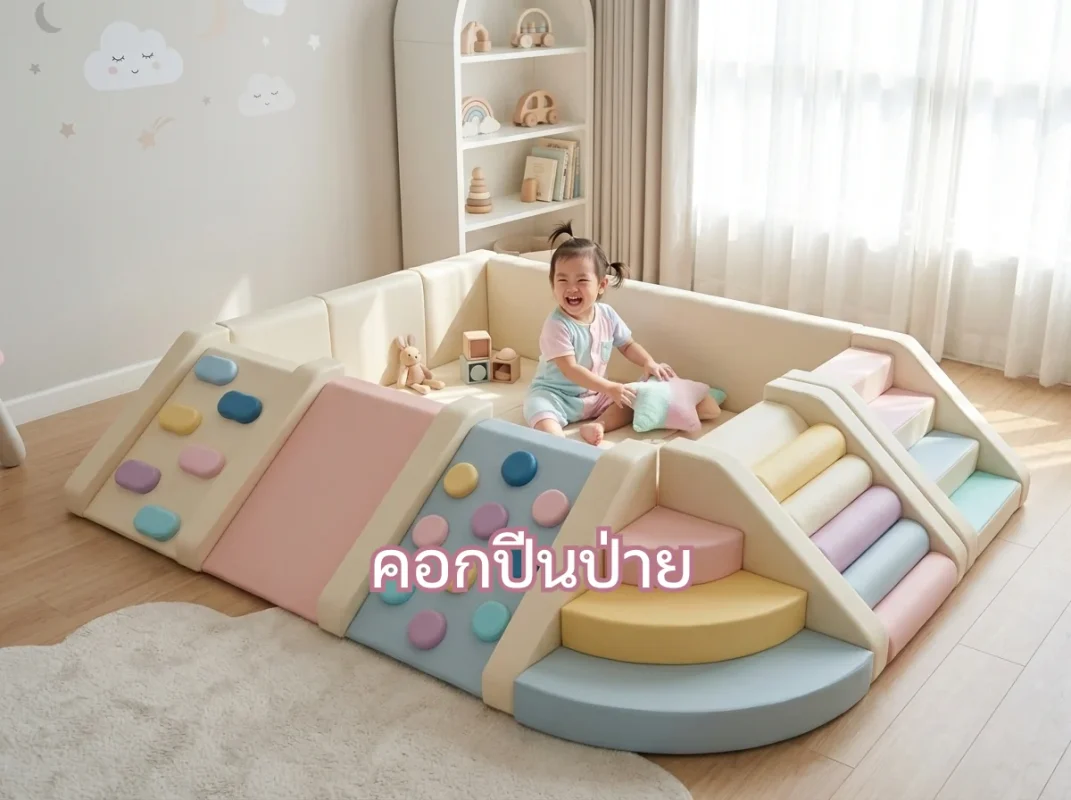 เด็กไทยกำลังสนุกกับการเล่นคอกปีนป่าย Soft Play สีพาสเทลอย่างปลอดภัยในห้องนั่งเล่น