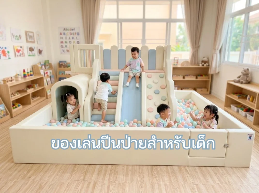เด็กเอเชียกำลังเล่นชุดของเล่นปีนป่ายสำหรับเด็ก Soft Play สีพาสเทลในบ้านอย่างสนุกสนานและปลอดภัย