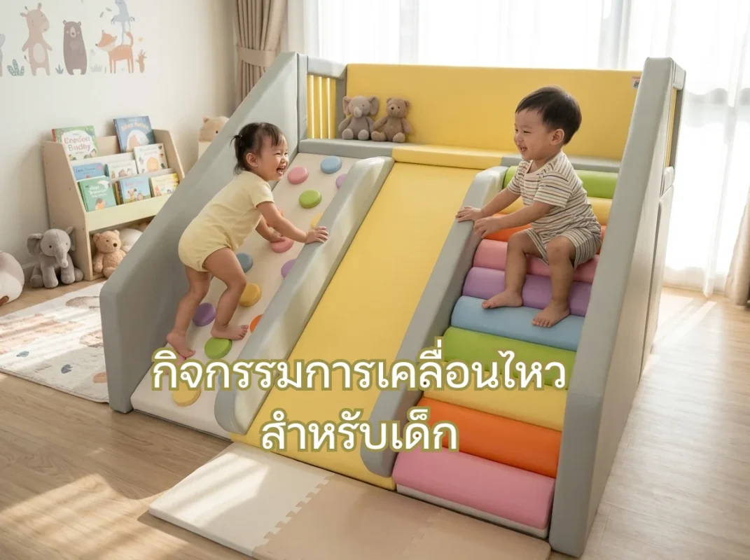 เด็กวัยเตาะแตะกำลังทำกิจกรรมการเคลื่อนไหวสําหรับเด็กด้วยการมุดอุโมงค์และปีนป่ายบนชุด Soft Play สีพาสเทลอย่างสนุกสนาน
