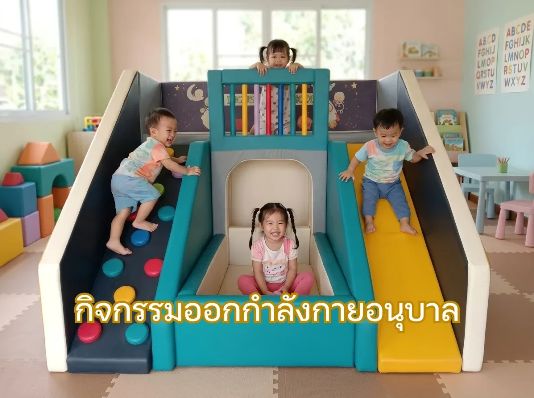 เด็กวัยอนุบาลกำลังเล่นชุดปีนป่าย Soft Play พร้อมสไลเดอร์และบ่อบอลอย่างสนุกสนาน