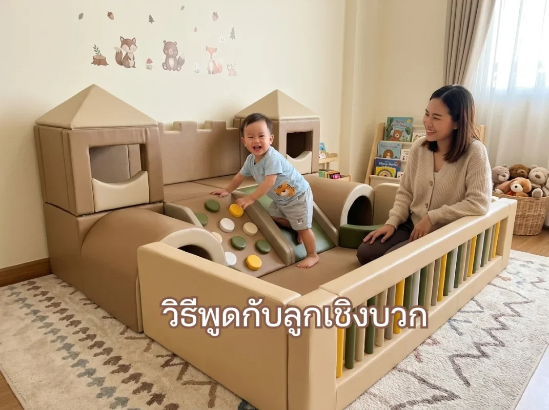 เด็กกำลังเล่นชุดปีนป่าย Soft Play ปราสาทเอิร์ธโทนกับครอบครัวอย่างมีความสุข