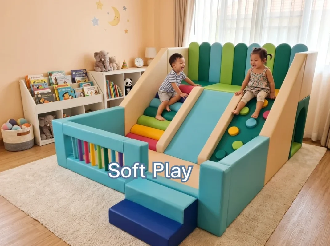 ชุดปีนป่ายเด็ก Soft Play สายรุ้ง พร้อมสไลเดอร์และบ่อบอล สร้างพื้นที่เล่นปลอดภัยในบ้าน