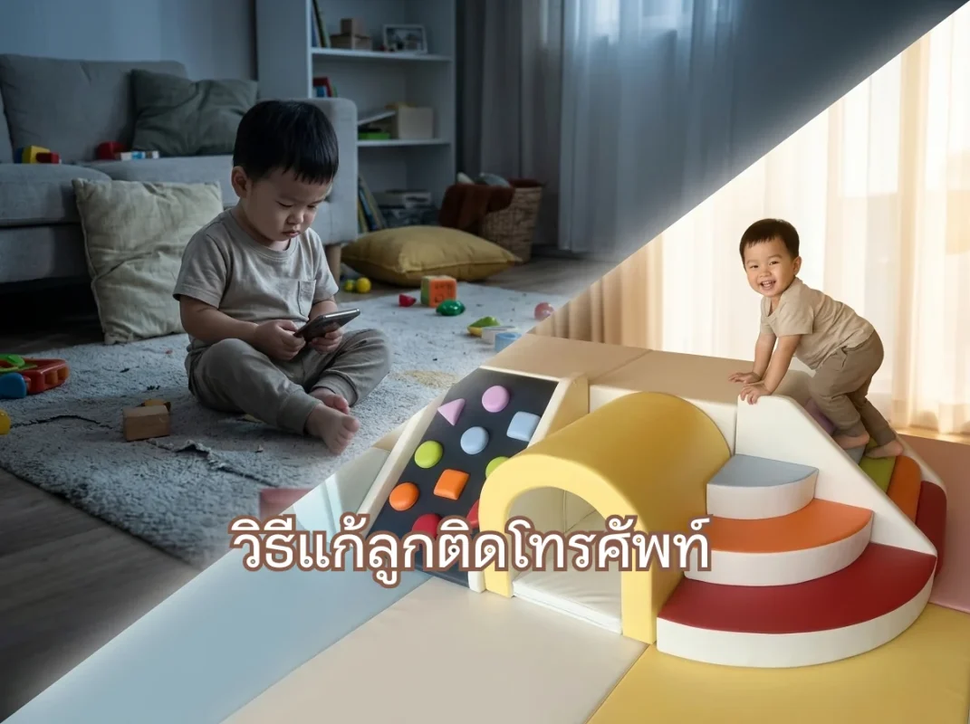 เด็กเอเชียกำลังเล่นปีนป่ายบนชุด Soft Play สีรุ้งอย่างสนุกสนาน เป็นวิธีแก้ลูกติดโทรศัพท์ที่ได้ผลจริง