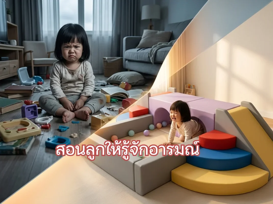 เด็กกำลังเล่นและระบายพลังงานอย่างอารมณ์ดีบนชุดปีนป่ายเด็ก Soft Play พร้อมสไลเดอร์ โทนสแกนดิเนเวียน