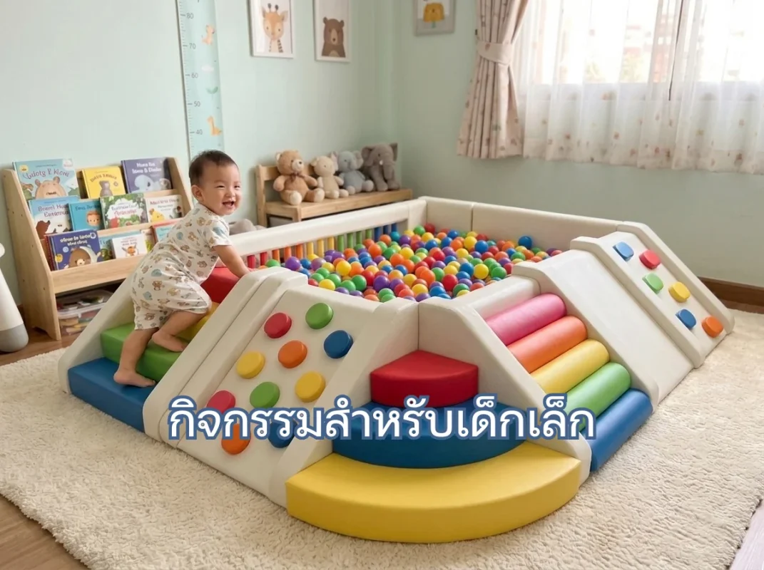 เด็กเล็กกำลังเล่นสนุกกับชุดปีนป่าย Soft Play สีสด กิจกรรมสำหรับเด็กเล็กในบ้านที่ช่วยส่งเสริมพัฒนาการกล้ามเนื้อมัดใหญ่