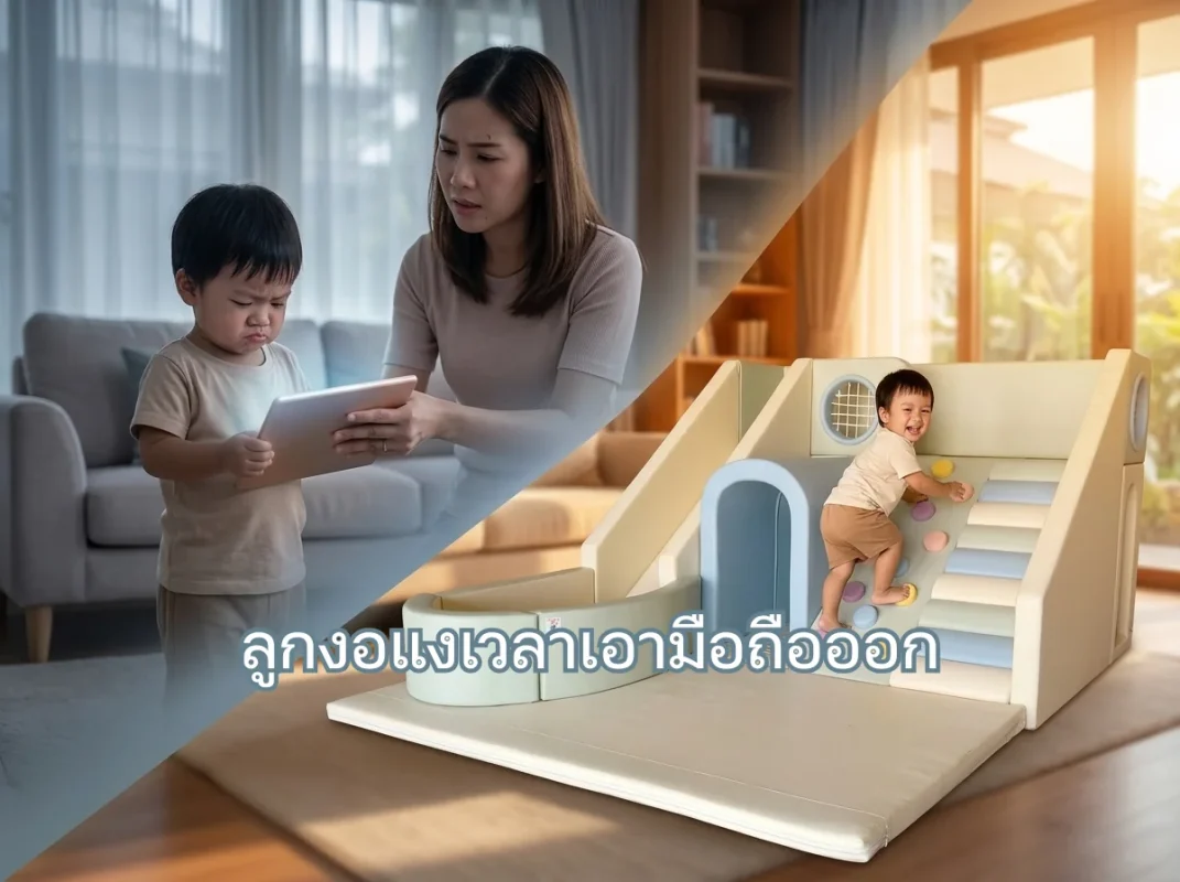 เด็กกำลังเล่นชุดปีนป่าย Soft Play อย่างสนุกสนาน แทนการเล่นมือถือ