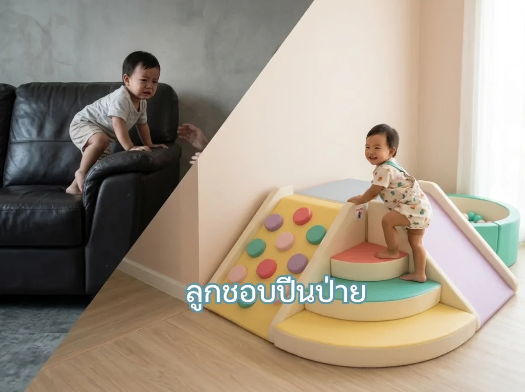 เด็กกำลังปีนป่ายชุดของเล่น soft play สีพาสเทลอย่างปลอดภัยในบ้าน