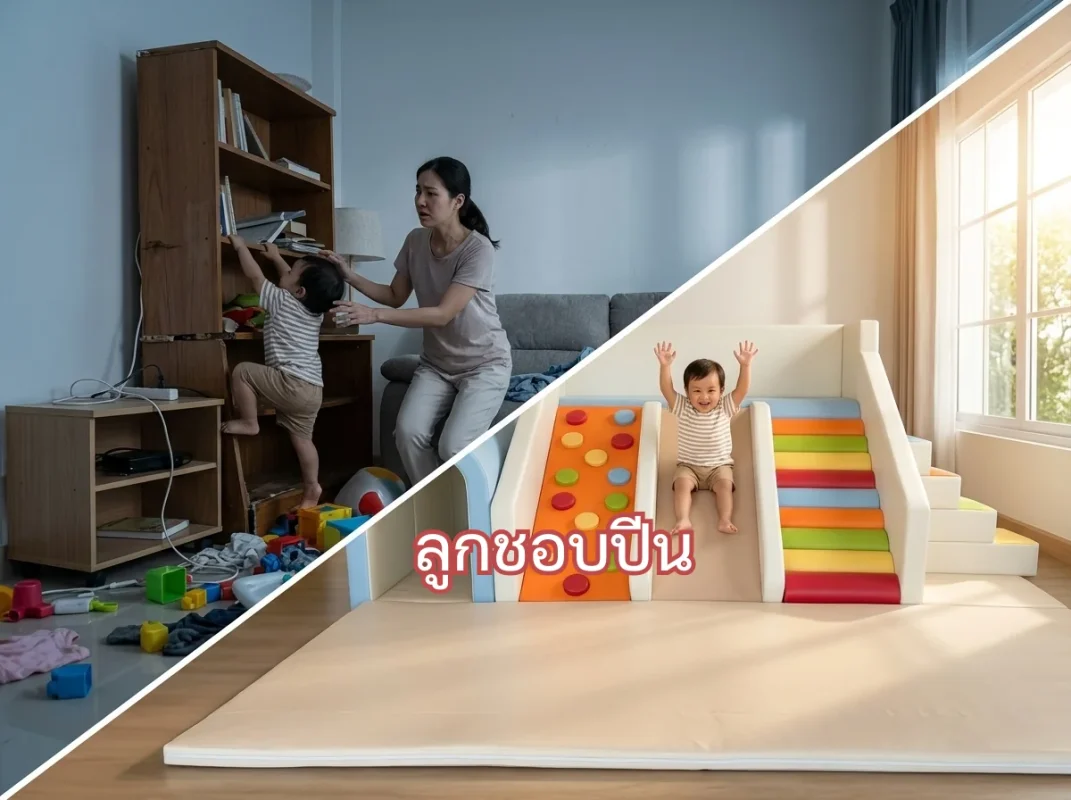 เด็กวัยเตาะแตะกำลังเล่นชุดปีนป่ายเด็ก Soft Play จระเข้ พร้อมสไลเดอร์และอุโมงค์ รุ่น FG-363 อย่างปลอดภัยในมุมเล่นของบ้าน