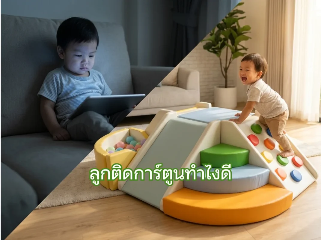 เด็กไทยกำลังเล่นสนุกบนชุดปีนป่าย Soft Play โทนสีลูกกวาดในบ้านอย่างร่าเริง แทนการดูทีวีหรือหน้าจอแท็บเล็ต