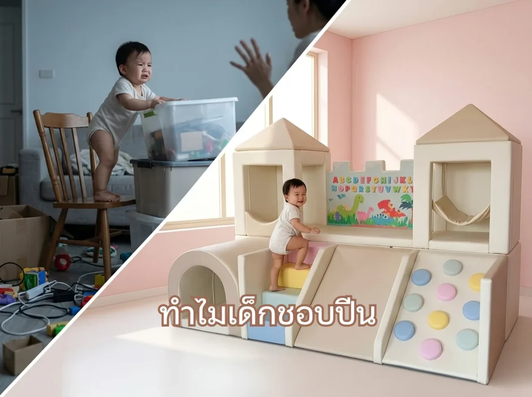 เด็กกำลังปีนป่ายเล่นอย่างสนุกสนานบนชุดปีนป่ายเด็ก Soft Play ปราสาทพาสเทล เสริมพัฒนาการอย่างปลอดภัย
