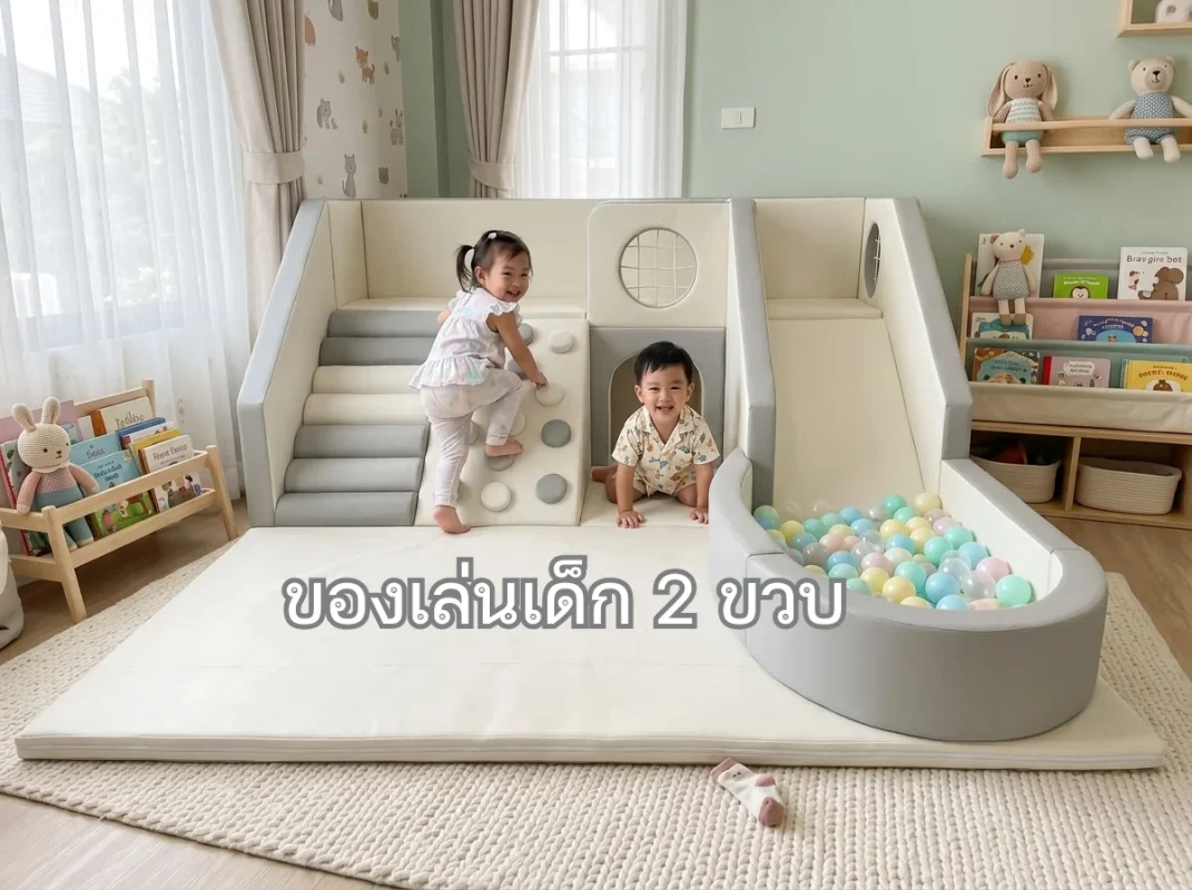 เด็กกำลังเล่น ชุดปีนป่ายเด็ก Soft Play ของเล่นเด็ก 2 ขวบ มินิมอล พร้อมสไลเดอร์และบ่อบอล ช่วยเสริมพัฒนาการ