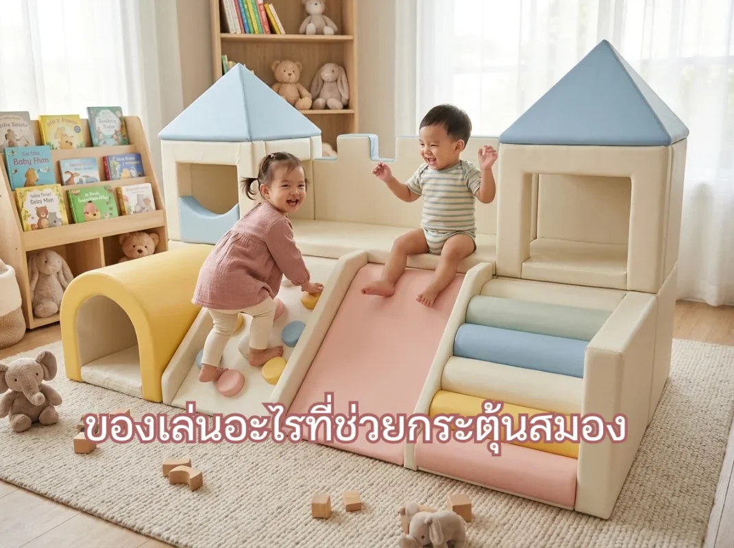 เด็กกำลังเล่นชุดปีนป่าย Soft Play พาสเทล พร้อมสไลเดอร์และบ่อบอล ซึ่งเป็นของเล่นอะไรที่ช่วยกระตุ้นสมองและเสริมพัฒนาการที่บ้าน