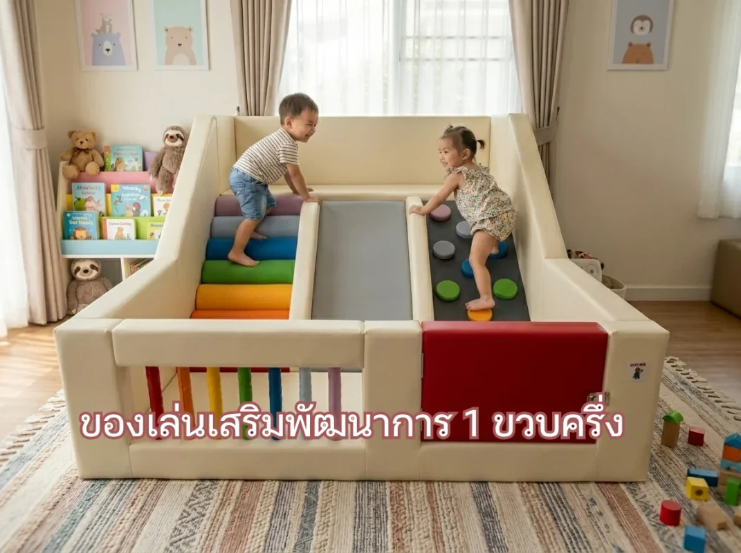 เด็กวัย 1 ขวบครึ่งกำลังสนุกกับการเล่นชุดปีนป่าย Soft Play สายรุ้ง พร้อมสไลเดอร์และบ่อบอล ช่วยเสริมพัฒนาการกล้ามเนื้อมัดใหญ่ในบ้าน