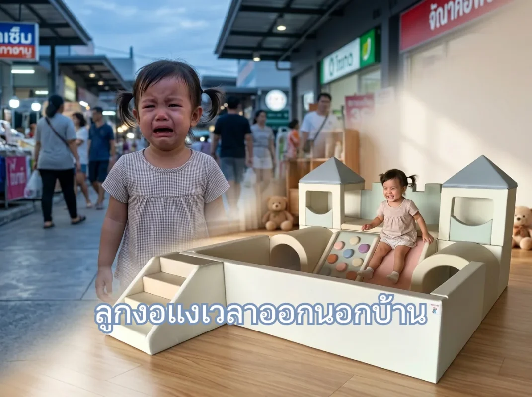 พ่อแม่ปลอบลูกที่ร้องไห้งอแงเวลาออกนอกบ้าน พร้อมการฝึกอารมณ์ด้วยชุดปีนป่าย soft play ในบ้านจาก hovbbkidsclub