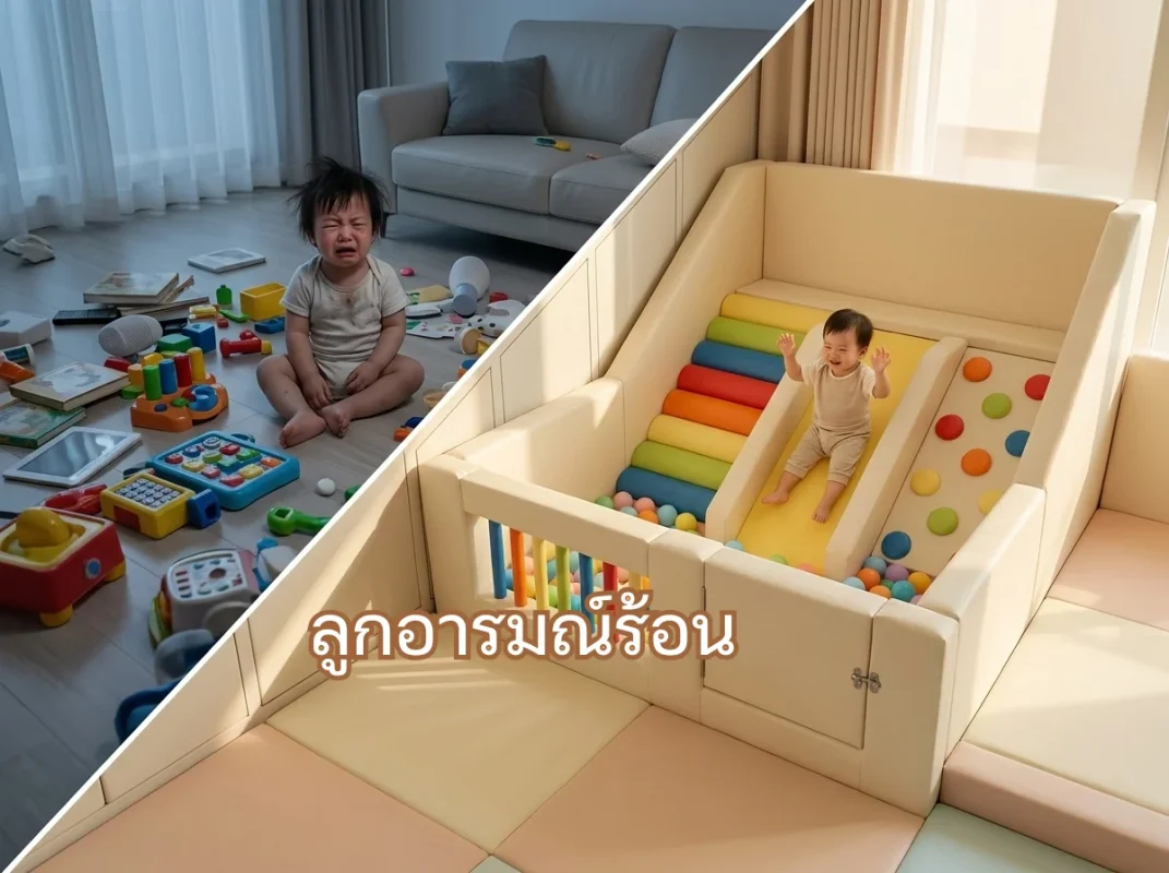 เด็กเอเชียกำลังเล่นชุดปีนป่าย Soft Play โทนสแกนดิเนเวียนอย่างอารมณ์ดี ช่วยแก้ปัญหาลูกอารมณ์ร้อน