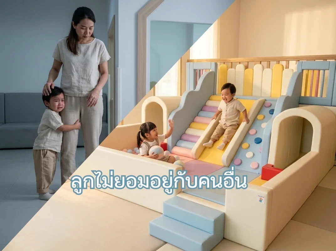 เด็กกำลังเล่นชุดปีนป่ายเด็ก Soft Play พร้อมสไลด์ อุโมงค์ และบ่อบอลโทนพาสเทลอย่างมีความสุข ช่วยลดปัญหาลูกไม่ยอมอยู่กับคนอื่น