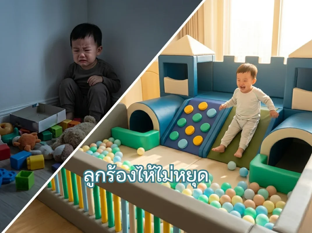 เด็กไทยกำลังเล่นชุดปีนป่ายเด็ก Soft Play ปราสาทนักผจญภัยอย่างอารมณ์ดี ช่วยลดปัญหาลูกร้องไห้ไม่หยุดเมื่ออยู่ในสภาพแวดล้อมที่ปลอดภัย