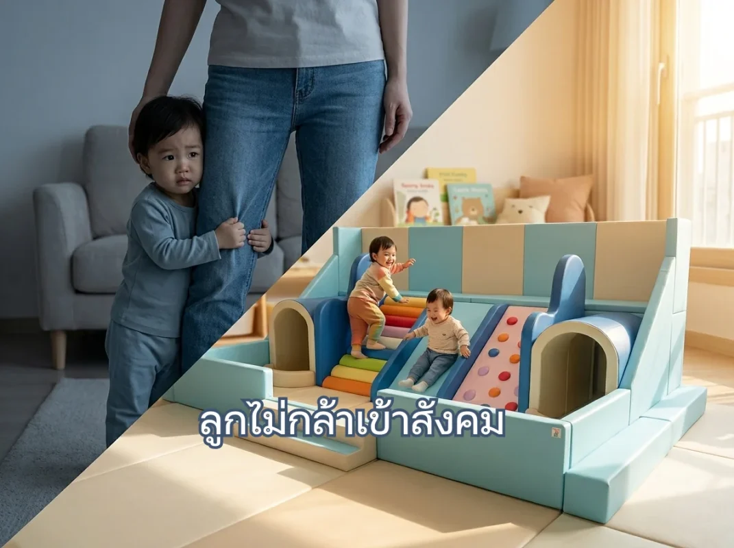 เด็กกำลังเล่นสนุกบนชุดปีนป่าย Soft Play สายรุ้งกับเพื่อนๆ ช่วยแก้ปัญหาลูกไม่กล้าเข้าสังคมด้วยพื้นที่ปลอดภัย