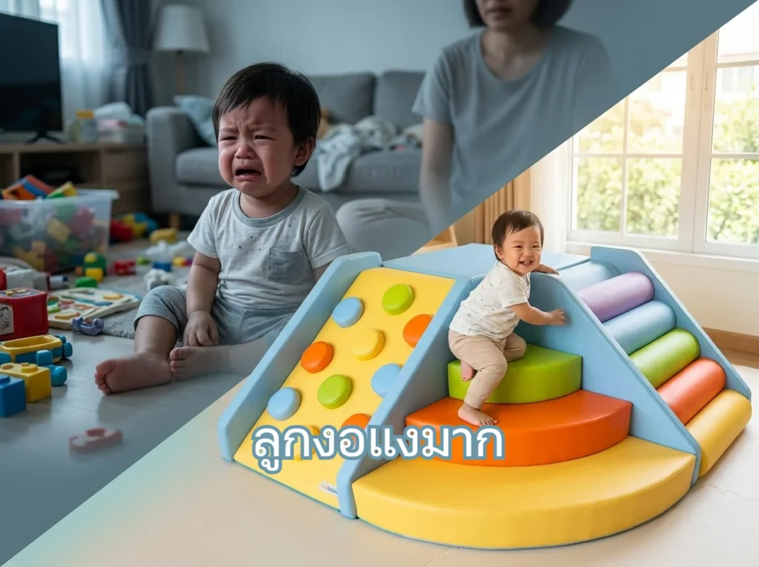 เด็กกำลังปีนป่ายชุด Soft Play รุ่น FG-366 อย่างสนุกสนาน ช่วยลดปัญหาลูกงอแงมากด้วยพื้นที่ปล่อยพลังที่ปลอดภัย