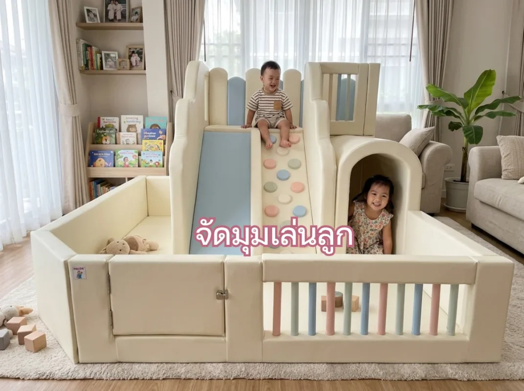 มุมเล่นเด็กในบ้านตกแต่งด้วยชุดปีนป่าย Soft Play มินิมอล พร้อมสไลเดอร์และบ่อบอลจาก hovbbkidsclub