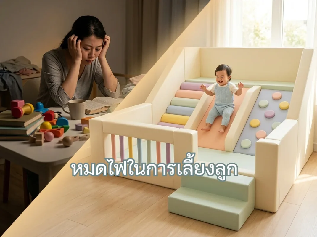 คุณแม่ชาวเอเชียนั่งพักผ่อนมองลูกน้อยเล่นชุดปีนป่าย Soft Play พาสเทลในบ้านอย่างมีความสุข แก้ปัญหาหมดไฟในการเลี้ยงลูก