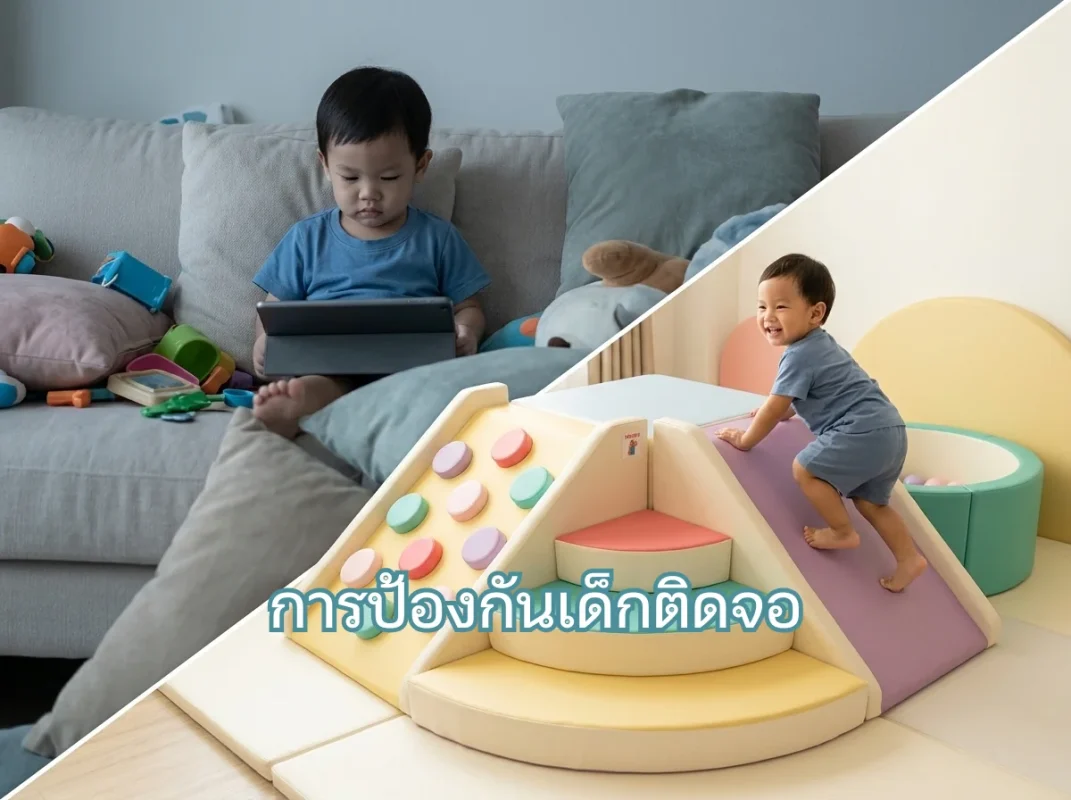 เด็กกำลังเล่นชุดปีนป่าย Soft Play พาสเทล รุ่นเล็ก อย่างสนุกสนาน ช่วยในการป้องกันเด็กติดจอ