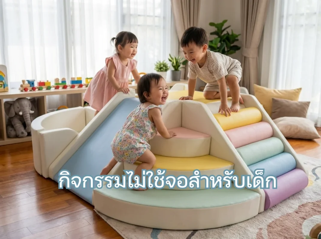 เด็กกำลังเล่นชุดปีนป่ายเด็ก Soft Play พาสเทล มาการอง พร้อมสไลด์ บ่อบอล อย่างสนุกสนานในบ้าน เป็นหนึ่งในกิจกรรมไม่ใช้จอสำหรับเด็ก