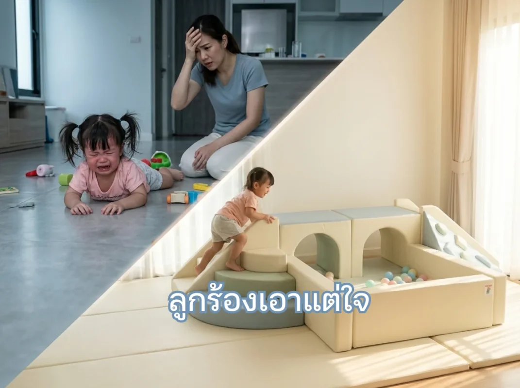 เด็กเล็กกำลังผ่อนคลายอารมณ์และเล่นสนุกในมุม Soft Play เสริมพัฒนาการ แก้ปัญหาลูกร้องเอาแต่ใจ