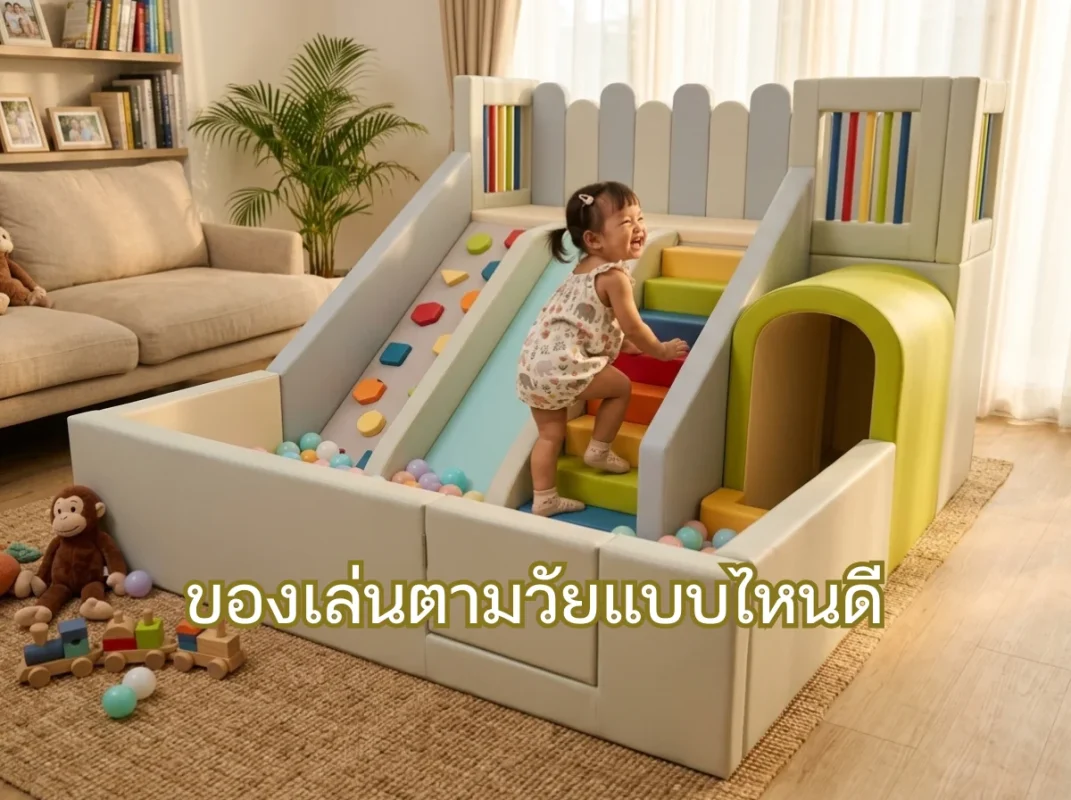 เด็กกำลังสนุกกับชุดปีนป่ายเด็ก Soft Play พร้อมสไลเดอร์และบ่อบอล เป็นไอเดียเลือกของเล่นตามวัยแบบไหนดีที่ช่วยเสริมพัฒนาการ