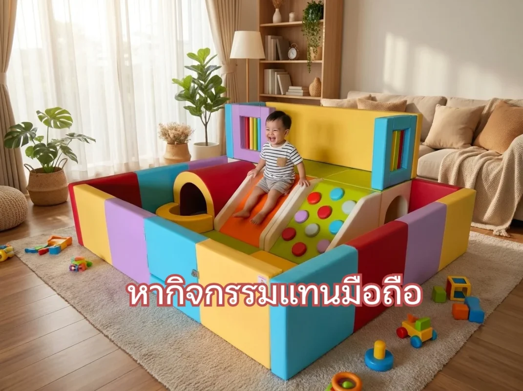 เด็กกำลังปีนป่ายและเล่นสนุกกับชุด Soft Play สายรุ้ง พร้อมสไลเดอร์และบ่อบอล เป็นการหากิจกรรมแทนมือถือที่ปลอดภัยในบ้าน
