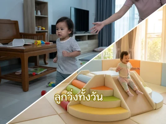 เด็กกำลังเล่นชุดปีนป่าย Soft Play ขนาดเล็กในบ้านอย่างสนุกสนาน ช่วยแก้ปัญหาลูกวิ่งทั้งวันอย่างปลอดภัย
