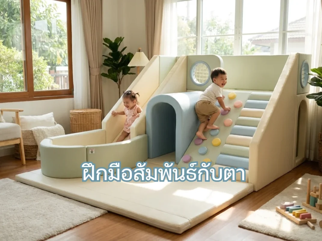 เด็กไทยกำลังเล่นชุดปีนป่าย Soft Play ฝึกมือสัมพันธ์กับตาอย่างสนุกสนาน