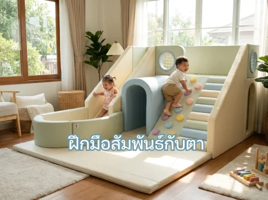 เด็กไทยกำลังเล่นชุดปีนป่าย Soft Play ฝึกมือสัมพันธ์กับตาอย่างสนุกสนาน