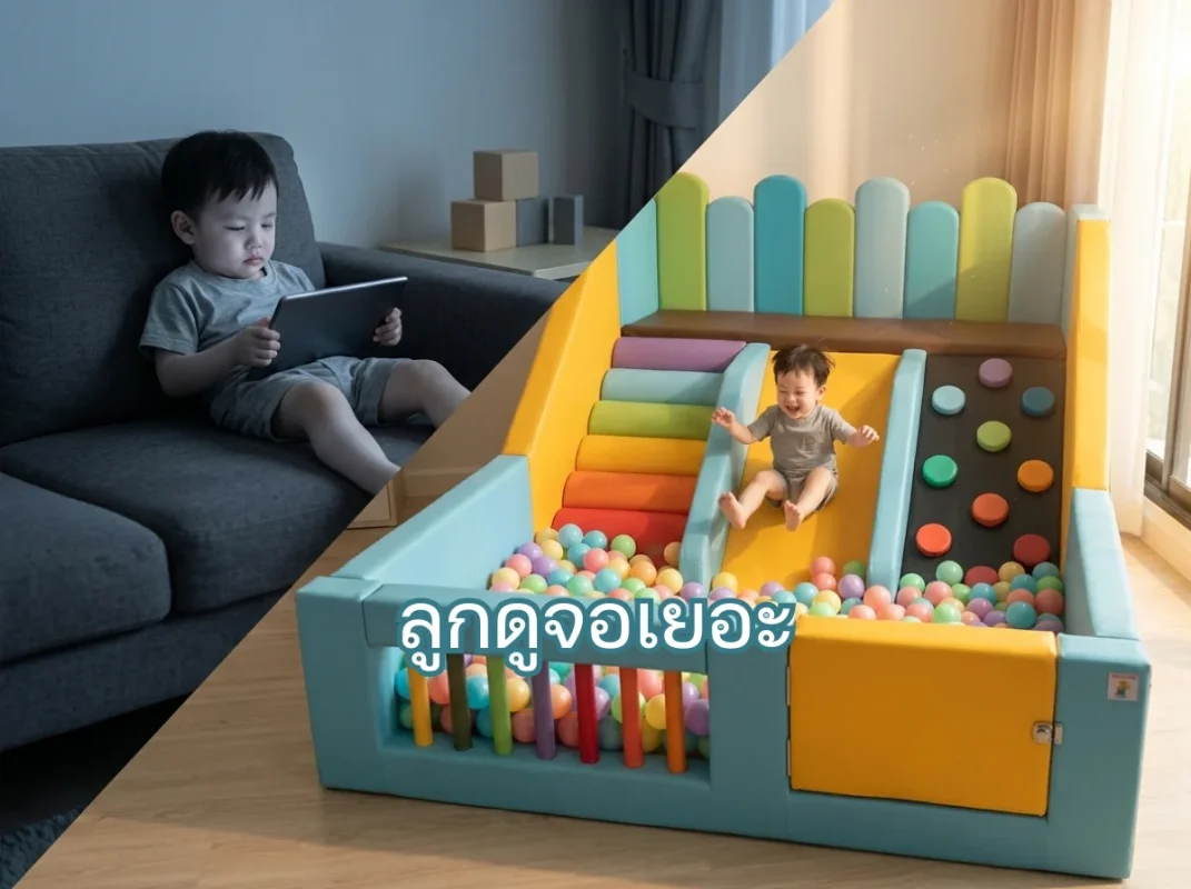 เด็กกำลังเล่นชุดปีนป่ายเด็ก Soft Play สายรุ้ง พร้อมสไลเดอร์และบ่อบอลในบ้านอย่างสนุกสนาน ช่วยลดปัญหาลูกดูจอเยอะ