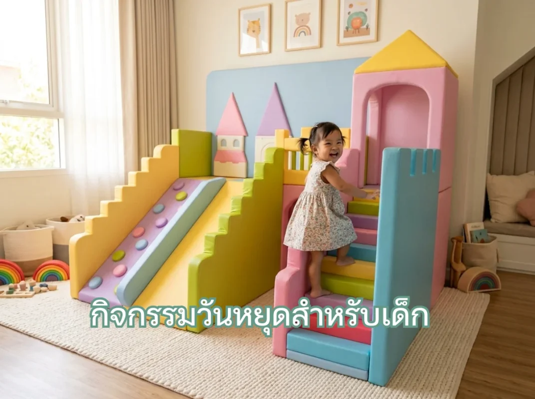 เด็กไทยกำลังสนุกกับกิจกรรมวันหยุดสำหรับเด็ก เล่นชุดปีนป่าย Soft Play พร้อมสไลเดอร์และอุโมงค์ในบ้านอย่างปลอดภัย