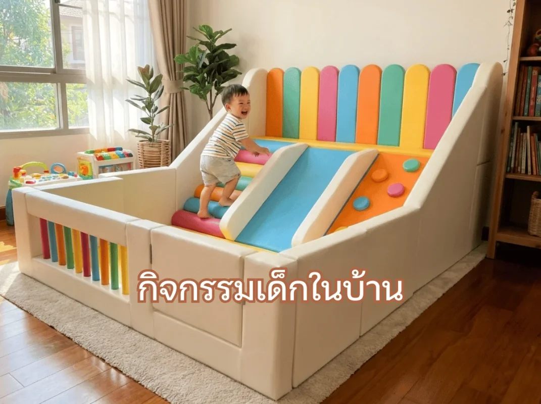 เด็กไทยกำลังสนุกกับกิจกรรมเด็กในบ้าน เล่นชุดปีนป่าย Soft Play สายรุ้ง พร้อมสไลเดอร์และบ่อบอล